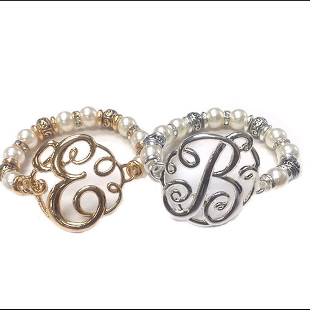Script Initial Letter & Pearl Bead Bracelet,NWT